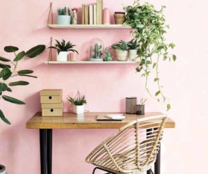 时尚的工作空间家庭办公室，粉粉墙，质朴的书架和书桌，藤条桌椅和植物