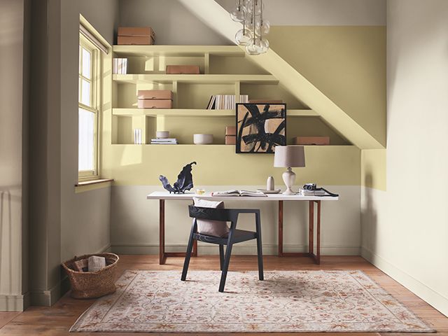 yellow and beige office - 4 ways to use Brave Ground in a home office - home office - goodhomesmagazine.com
