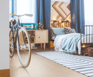 卧室配有单人床，地毯，自行车和软木地板