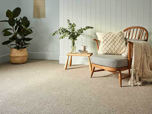 米色地毯房间，柳条椅子，边桌和大叶植物- 2021地板趋势- Goodhomesmagazine.com